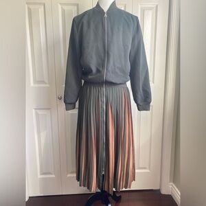 Karl Lagerfeld Army Green Bomber Jacket with Pleated Two Tone dress